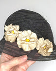 20s Cloche Vintage Hat Floral Trim Horsehair & Straw Narrow Brim VFG