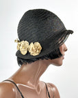 20s Cloche Vintage Hat Floral Trim Horsehair & Straw Narrow Brim VFG