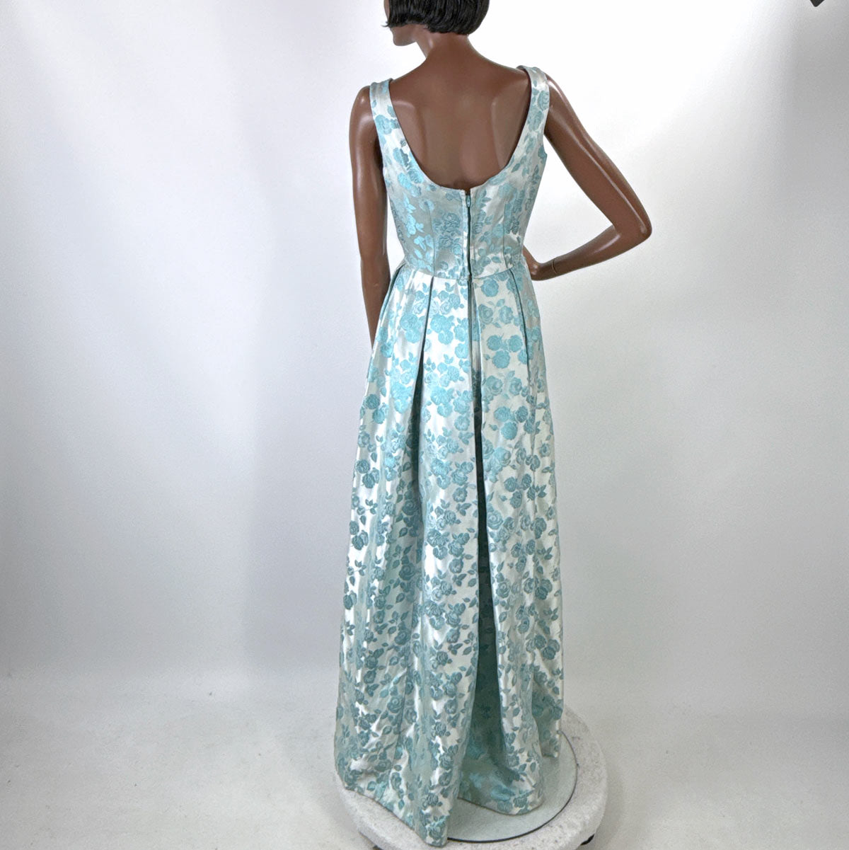 60s Vintage Tiffany Blue Brocade Formal Dress Audrey Evening Gown Small VFG