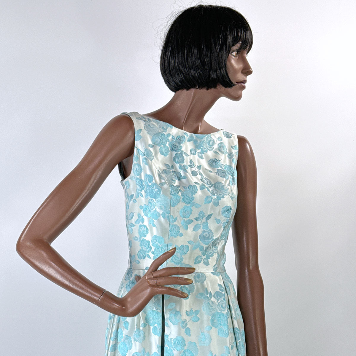 60s Vintage Tiffany Blue Brocade Formal Dress Audrey Evening Gown Small VFG