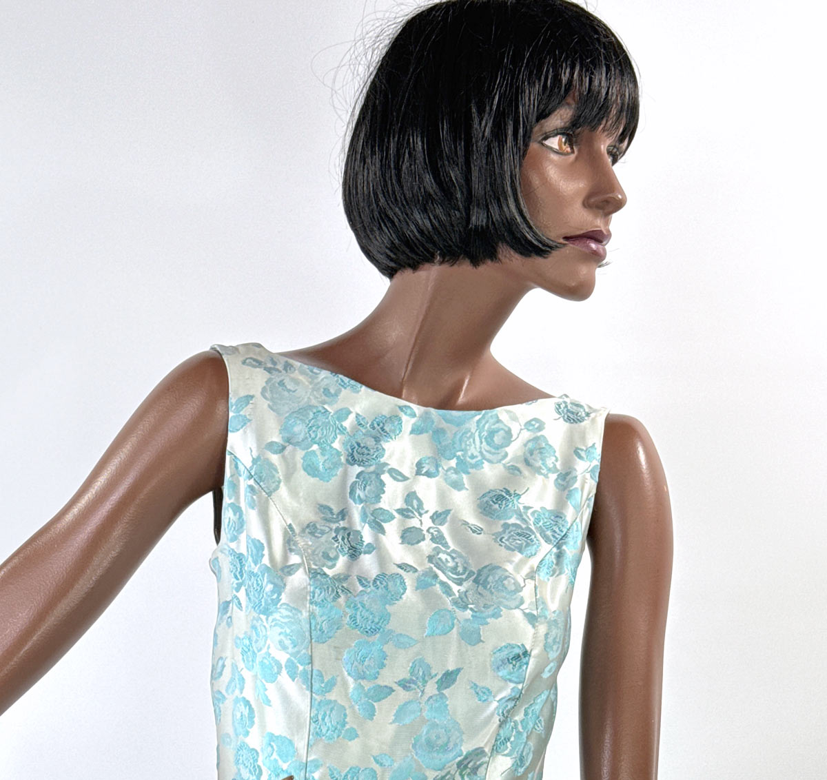 60s Vintage Tiffany Blue Brocade Formal Dress Audrey Evening Gown Small VFG