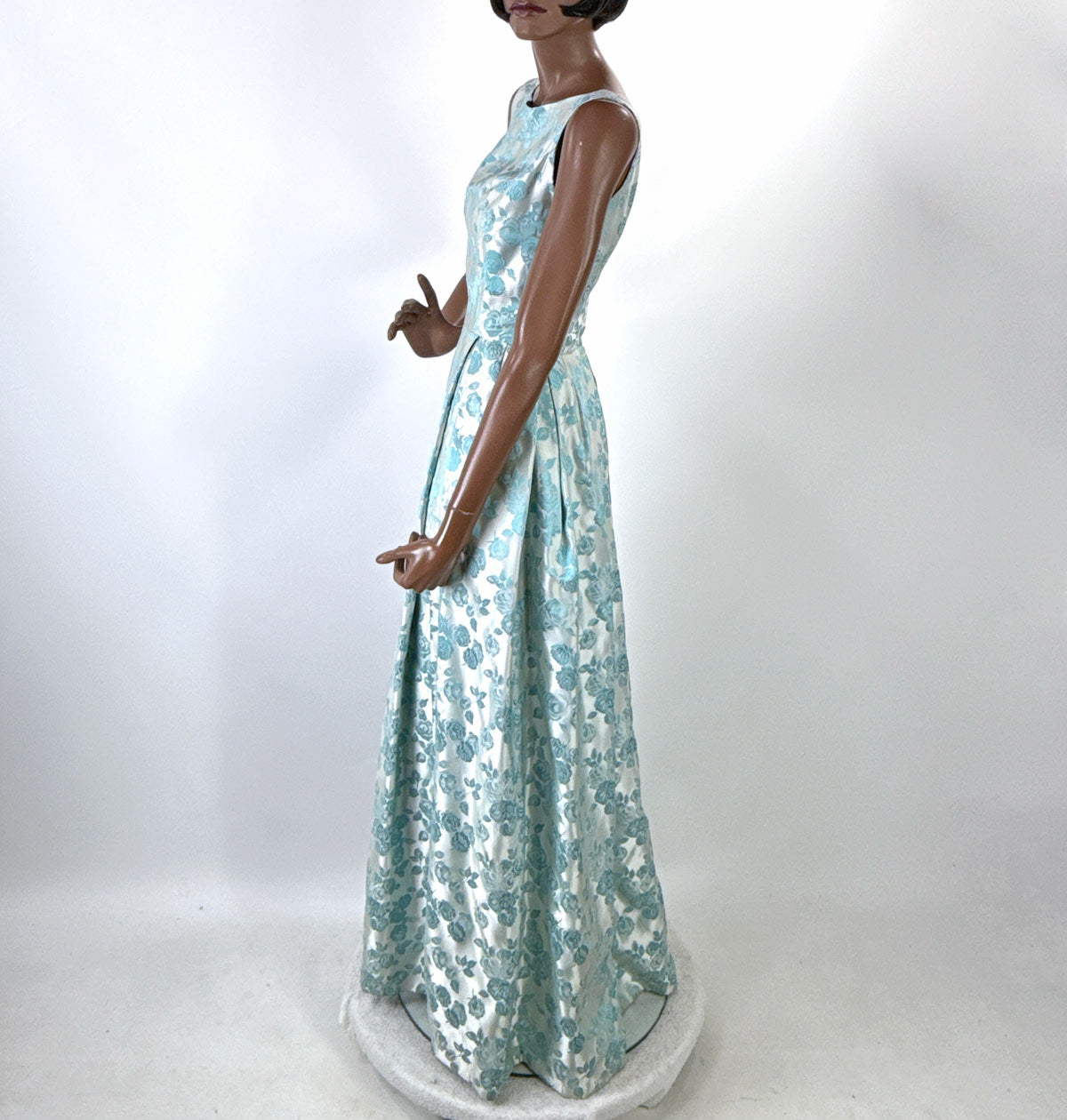 60s Vintage Tiffany Blue Brocade Formal Dress Audrey Evening Gown Small VFG