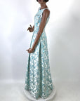 60s Vintage Tiffany Blue Brocade Formal Dress Audrey Evening Gown Small VFG