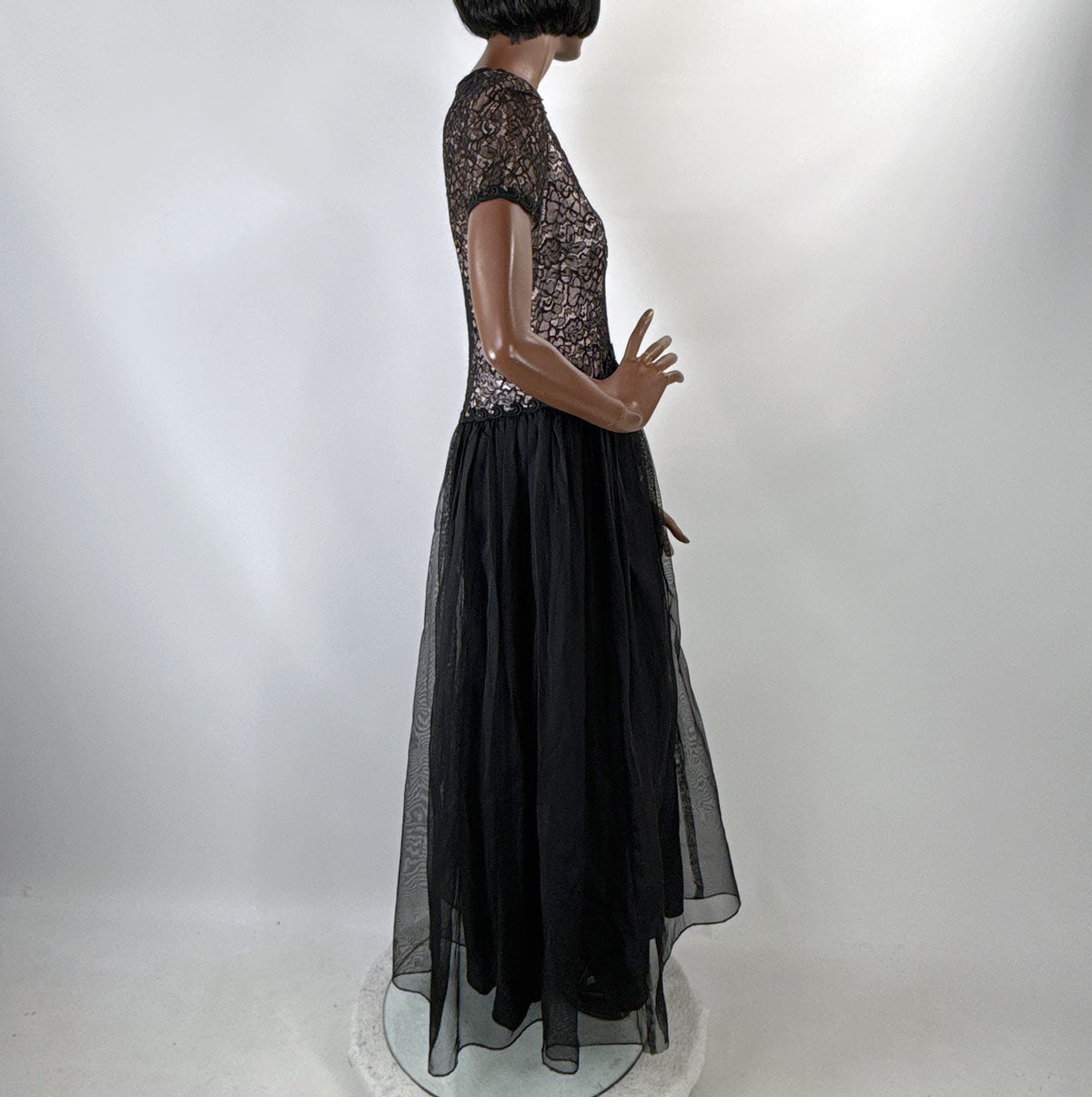 40s Illusion Lace &amp; Net Vintage Evening Dress Formal Dance Medium As-Is VFG