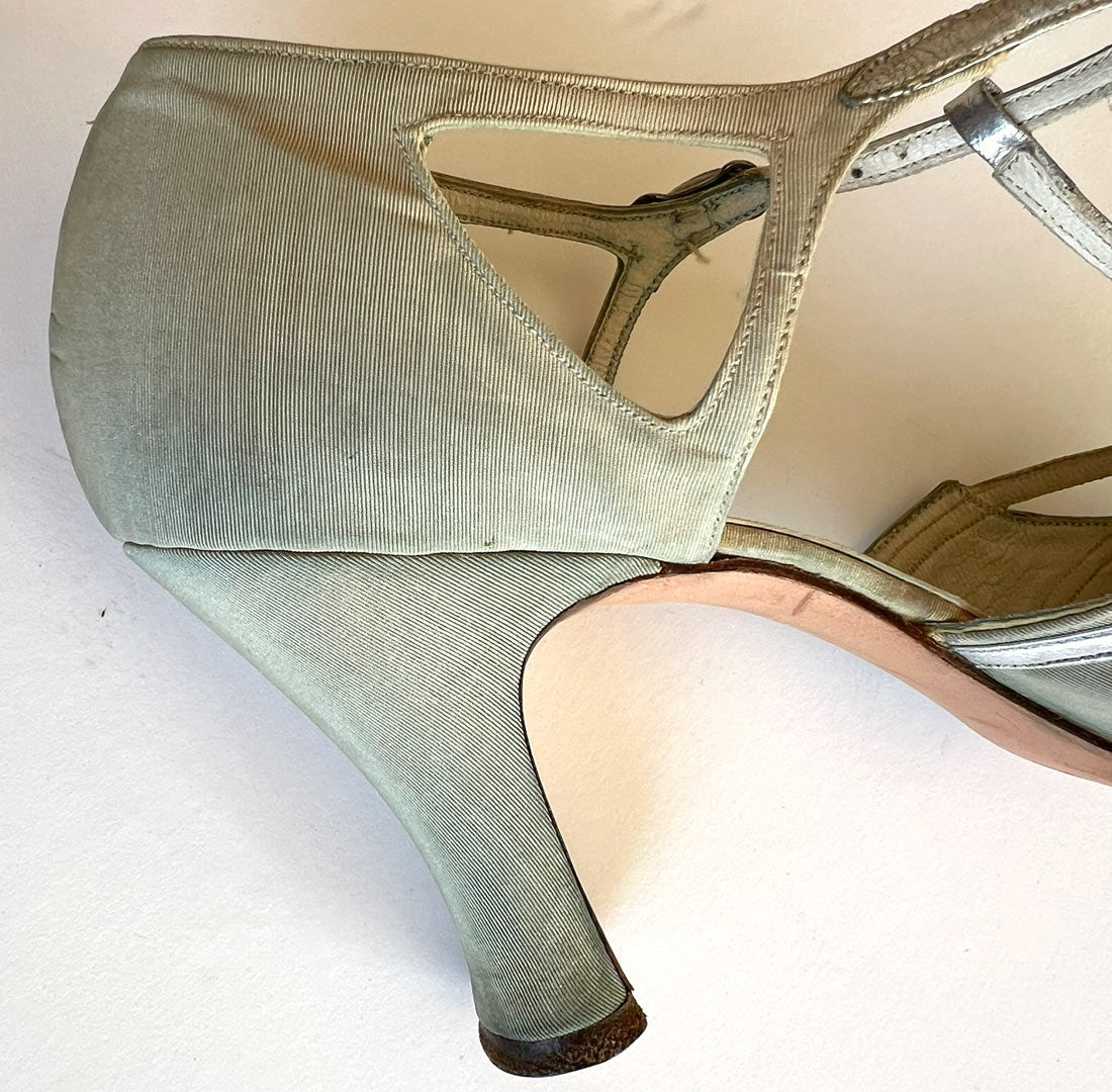 30s Evening Heels 20s T-Strap Flapper Shoes Vintage Silver Trim