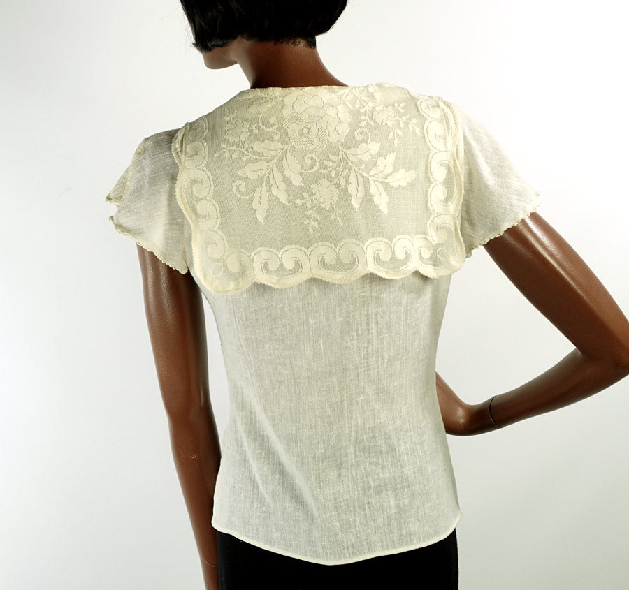 Vintage 70s Boho Blouse Top Gauze & Lace Sailor Collar Small