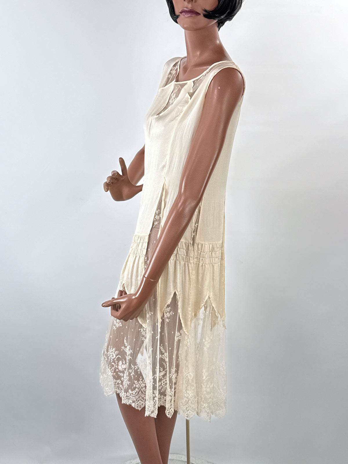 Vintage 20s Evening Dress White Silk Sheer Lace Insets XS Antique Bridal Wedding