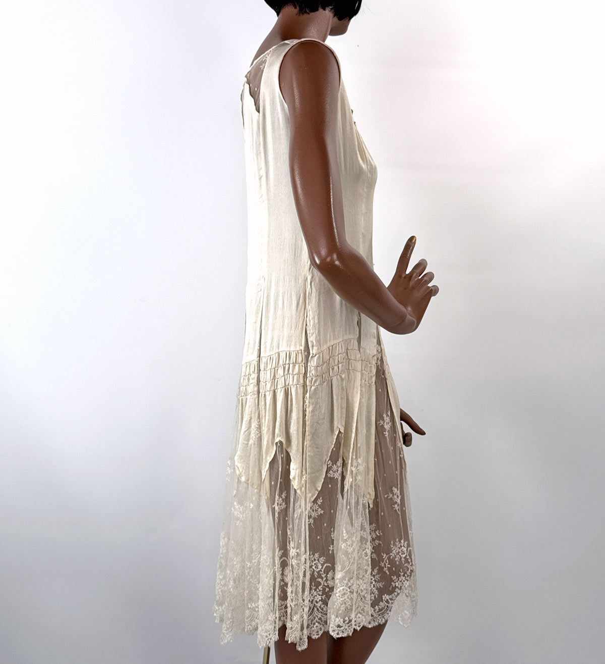Vintage 20s Evening Dress White Silk Sheer Lace Insets XS Antique Bridal Wedding