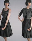 50s Party Dress Outfit with Bolero 60s Vintage Full Skirt Dress Black Brocade Chiffon L'Aiglon Small VFG