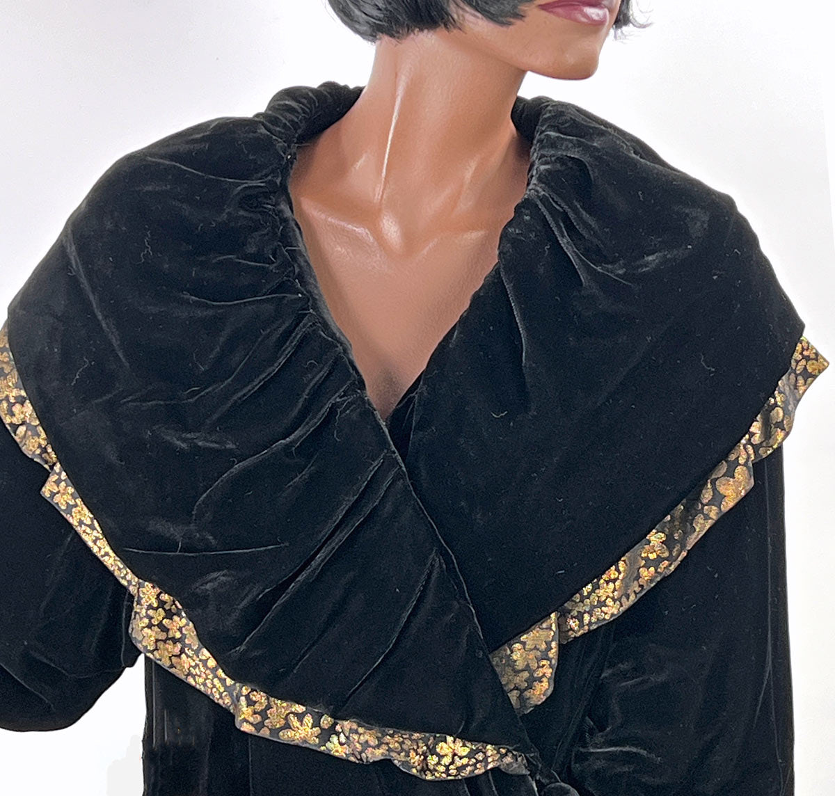 20s Vintage Evening Coat Silk Velvet Gold Lame Trim Dramatic Cocoon VFG