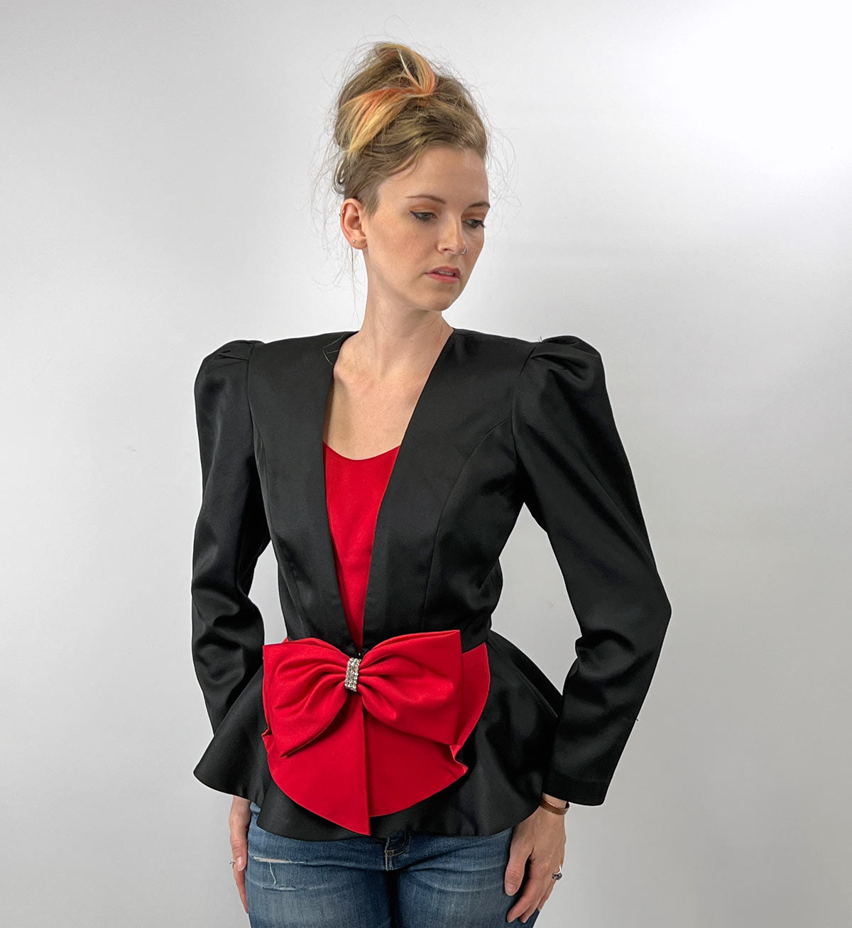 80s Evening Jacket Dramatic Vintage Top Satin Peplum Red Black Small Leslie Fay VFG