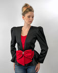 80s Evening Jacket Dramatic Vintage Top Satin Peplum Red Black Small Leslie Fay VFG