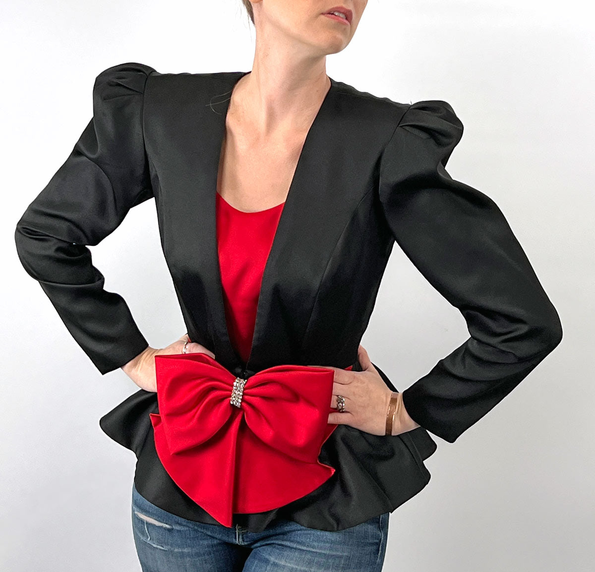 80s Evening Jacket Dramatic Vintage Top Satin Peplum Red Black Small Leslie Fay VFG