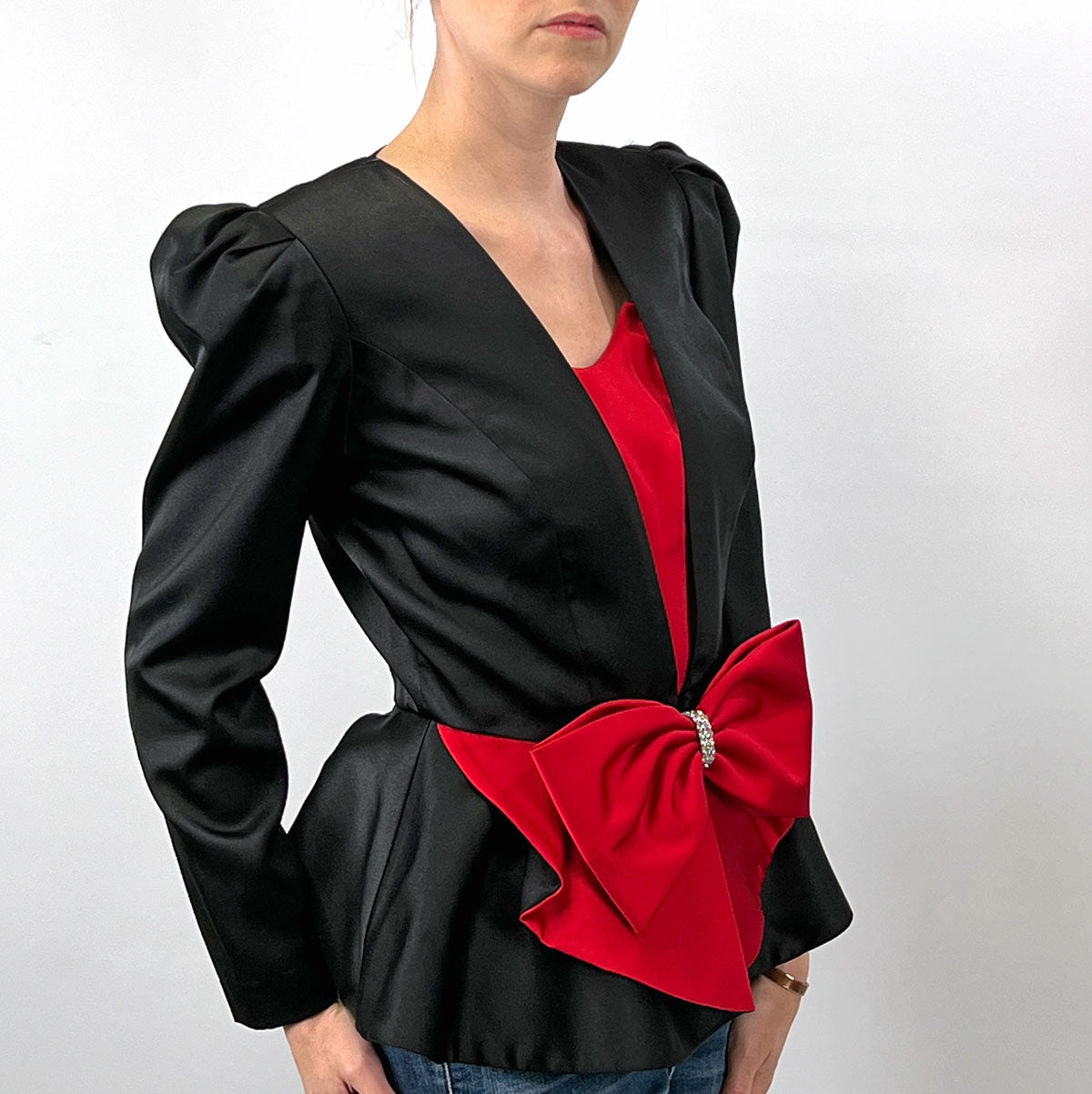 80s Evening Jacket Dramatic Vintage Top Satin Peplum Red Black Small Leslie Fay VFG