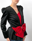 80s Evening Jacket Dramatic Vintage Top Satin Peplum Red Black Small Leslie Fay VFG