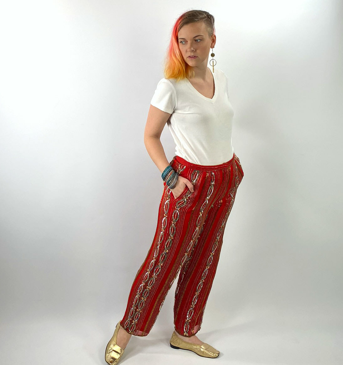 70s Red Chiffon Evening Pants Beads &amp; Sequins Women&#39;s Vintage Medium VFG