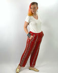 70s Red Chiffon Evening Pants Beads & Sequins Women's Vintage Medium VFG