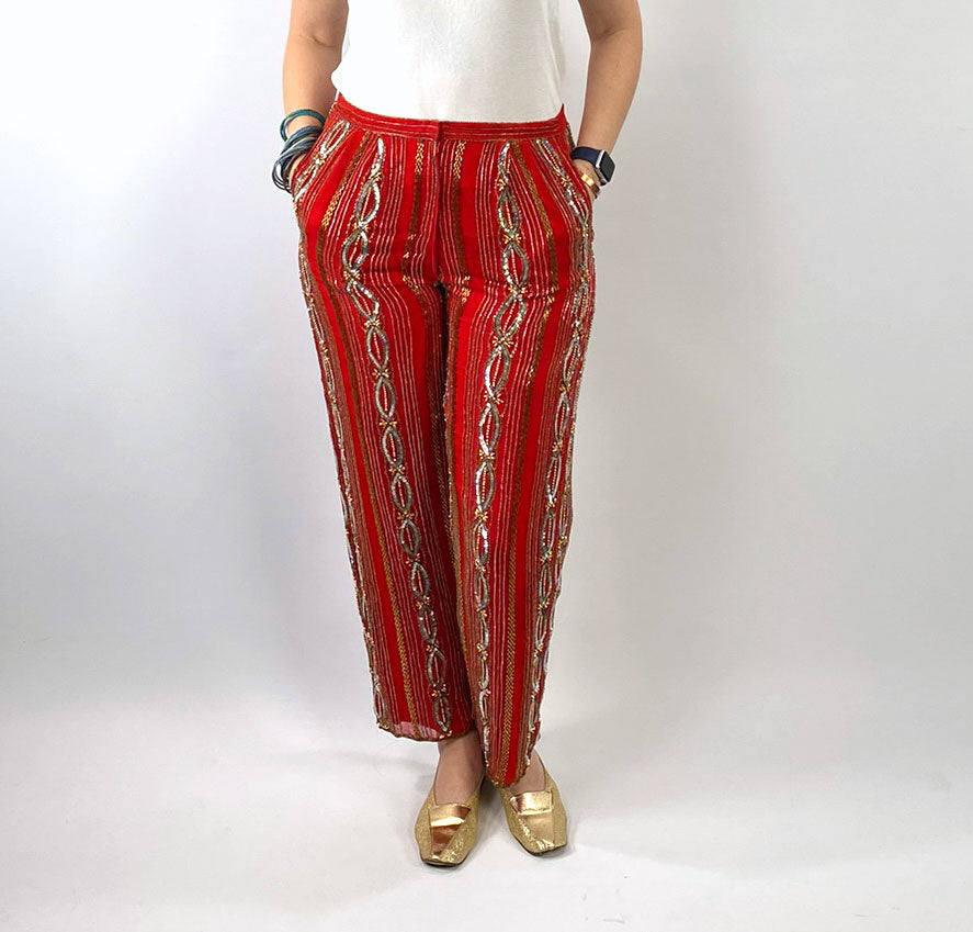 70s Red Chiffon Evening Pants Beads &amp; Sequins Women&#39;s Vintage Medium VFG