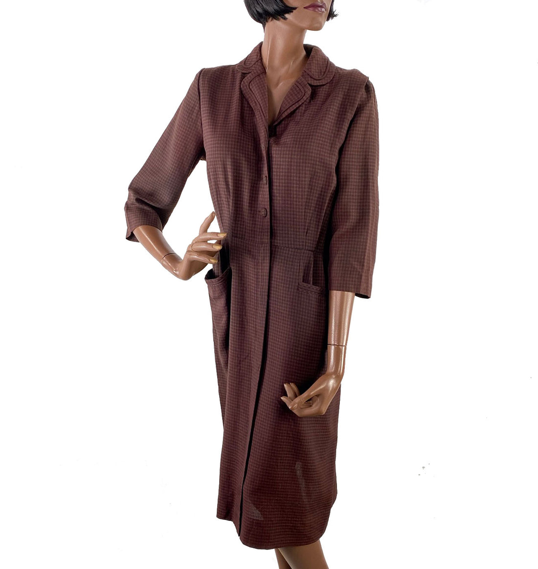 50s Shirtwaist Day Dress Brown Gingham Plaid Medium VFG Lordleigh