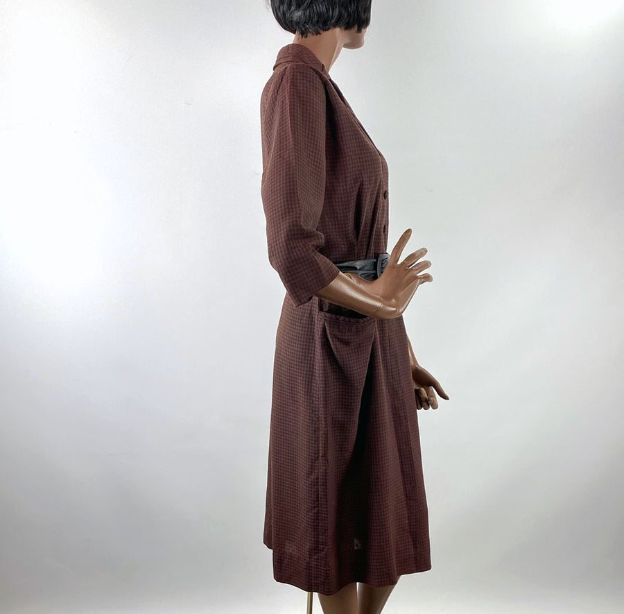 50s Shirtwaist Day Dress Brown Gingham Plaid Medium VFG Lordleigh