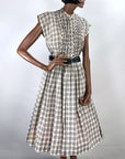 50s Vintage Summer Dress 60s Full Skirt Novelty Plaid Ruffle Front M/L Margo Walter VFG