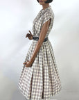 50s Vintage Summer Dress 60s Full Skirt Novelty Plaid Ruffle Front M/L Margo Walter VFG