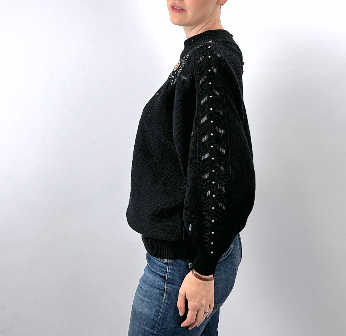 Women&#39;s 80s Gem Sweater Cropped 90s Pullover Hong Kong Beaded Sequinned Pearls Mariea Kim VFG