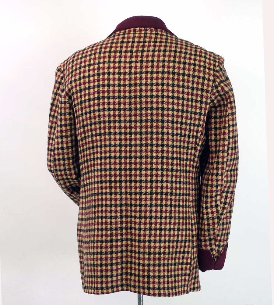 Vintage Mens Lounging Jacket Wool Check Maroon Tan Black Large Robe VFG