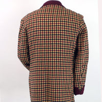 Vintage Mens Lounging Jacket Wool Check Maroon Tan Black Large Robe VFG