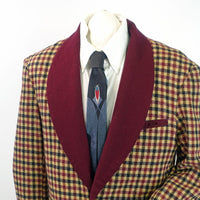 Vintage Mens Lounging Jacket Wool Check Maroon Tan Black Large Robe VFG