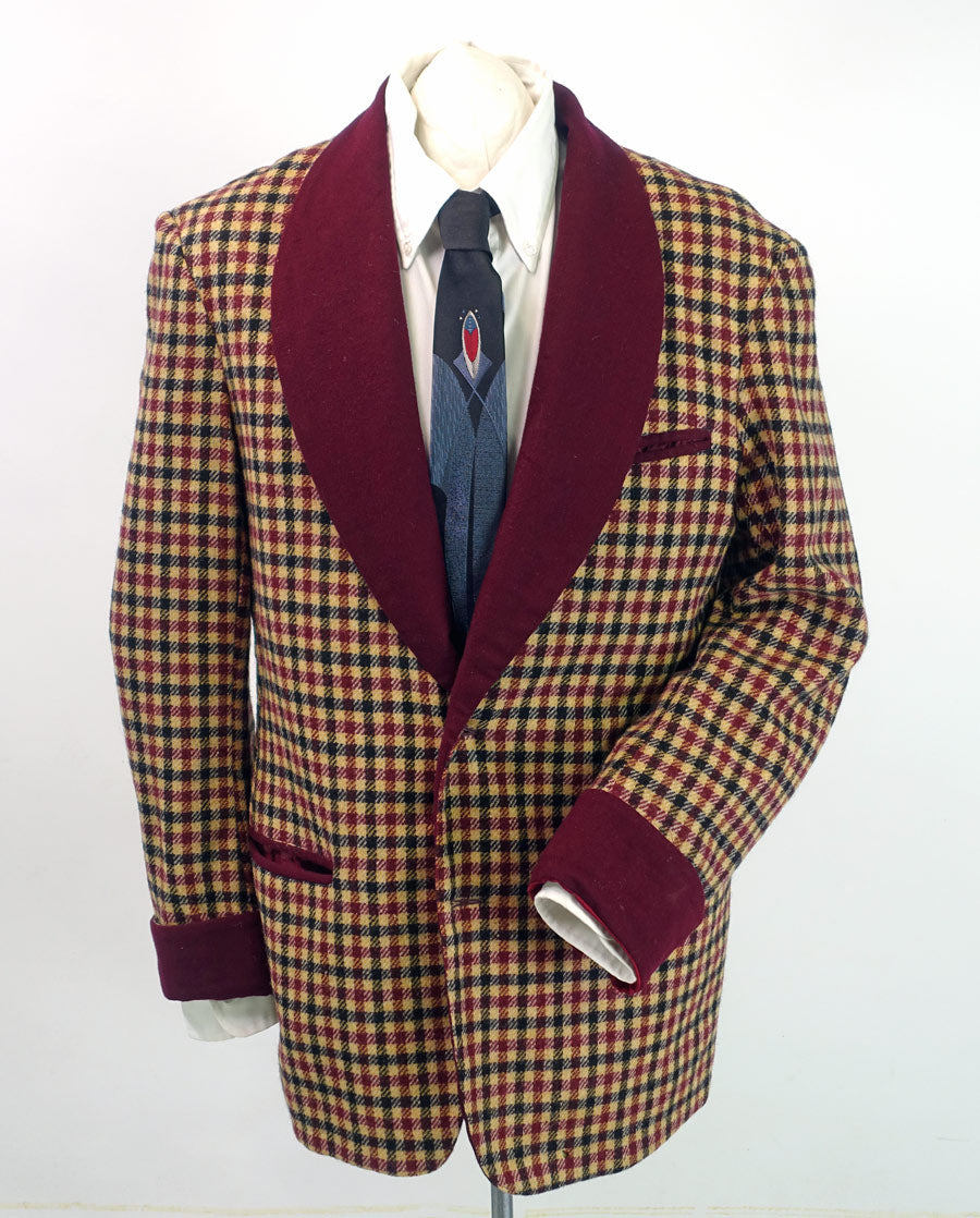 Vintage Mens Lounging Jacket Wool Check Maroon Tan Black Large Robe VFG