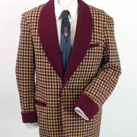 Vintage Mens Lounging Jacket Wool Check Maroon Tan Black Large Robe VFG