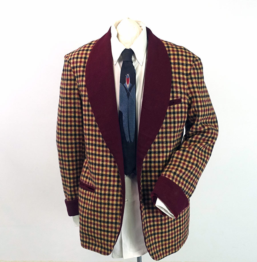 Vintage Mens Lounging Jacket Wool Check Maroon Tan Black Large Robe VFG