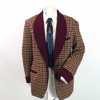 Vintage Mens Lounging Jacket Wool Check Maroon Tan Black Large Robe VFG