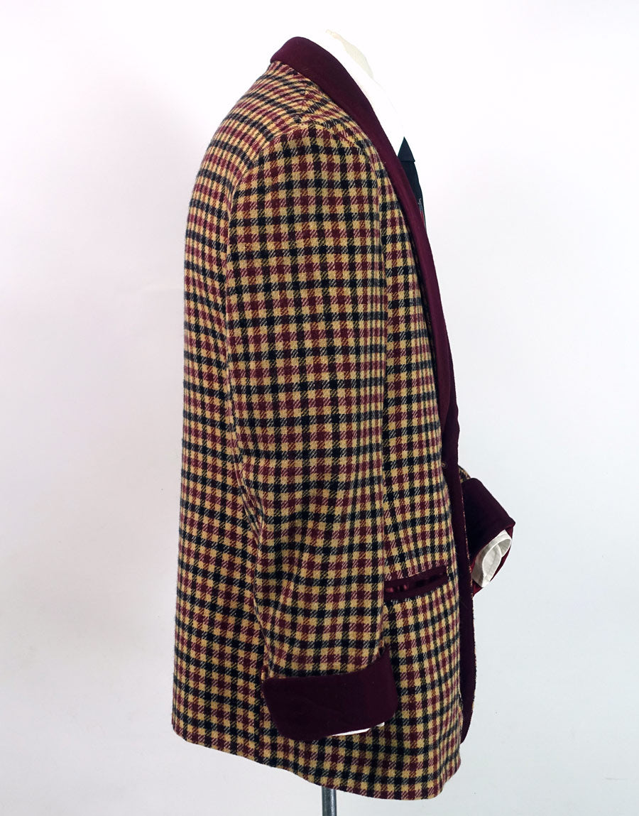 Vintage Mens Lounging Jacket Wool Check Maroon Tan Black Large Robe VFG