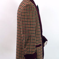 Vintage Mens Lounging Jacket Wool Check Maroon Tan Black Large Robe VFG