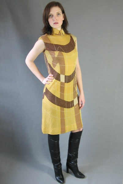 60s Mod Gold Metallic Dress Vintage Op Art Modest Small Mason Edwards VFG