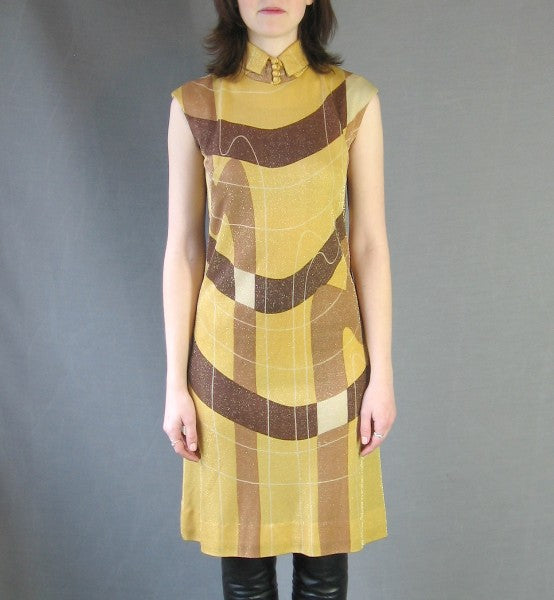 60s Mod Gold Metallic Dress Vintage Op Art Modest Small Mason Edwards VFG