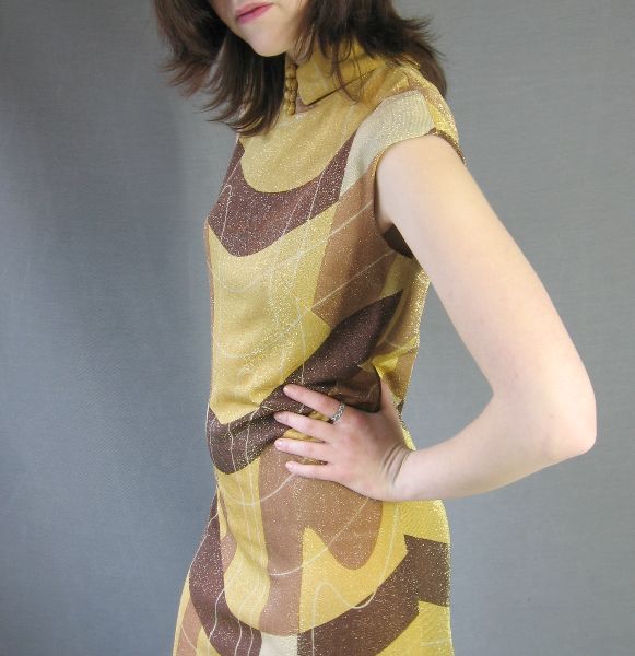 60s Mod Gold Metallic Dress Vintage Op Art Modest Small Mason Edwards VFG