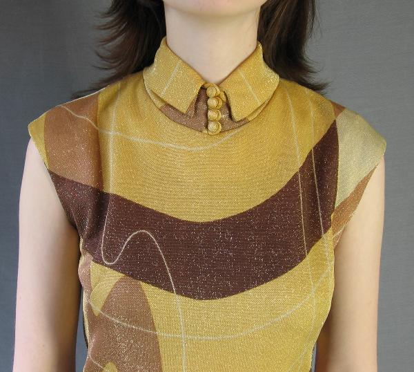 60s Mod Gold Metallic Dress Vintage Op Art Modest Small