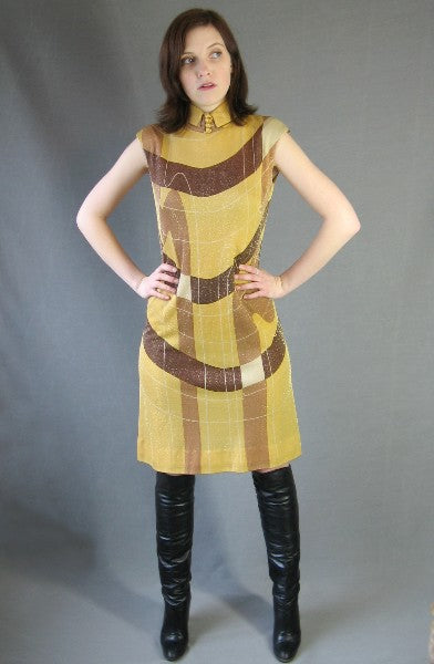 60s Mod Gold Metallic Dress Vintage Op Art Modest Small Mason Edwards VFG