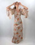 70s Maxi Dress Angel Sleeves Floral Print Festival Vintage Garden Party Milson California VFG S/XS Ruffled