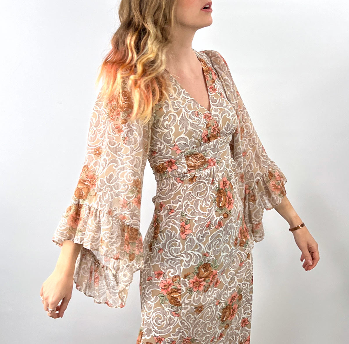 70s Maxi Dress Angel Sleeves Floral Print Festival Vintage