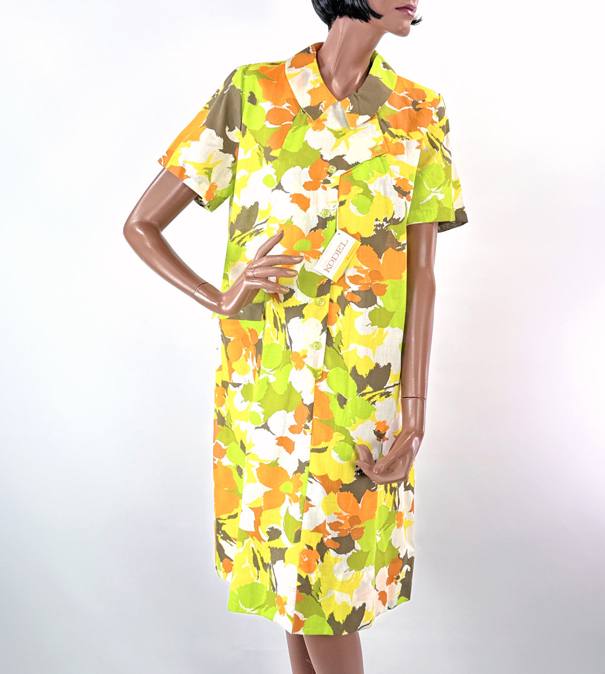 Vintage 60s Day Dress Floral Print Deadstock Earth Tones L/XL