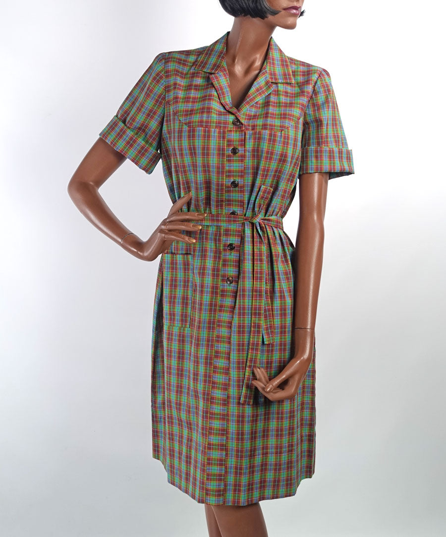 New Old Stock 50s 60s Plaid Day Dress Shirtwaist Style Vintage Shift Large Nancy Frock Dan River VFG