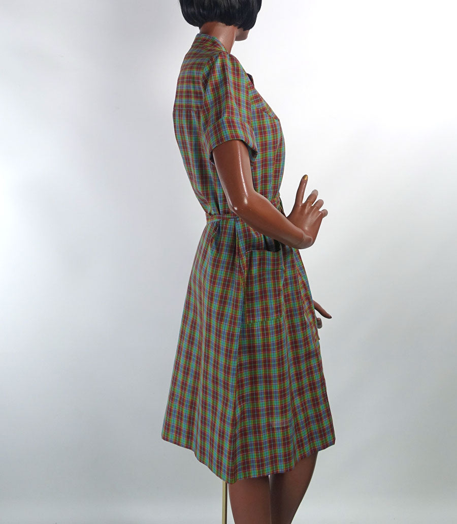 New Old Stock 50s 60s Plaid Day Dress Shirtwaist Style Vintage Shift Large Nancy Frock Dan River VFG