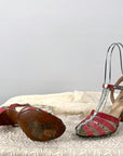 20s T-Strap Flapper Heels Pink Satin Vintage Shoes Silver Trim Nisley VFG