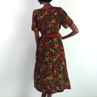 50s 60s Day Dress Swing Skirt Earth Colors Print Women's Vintage Large VFG