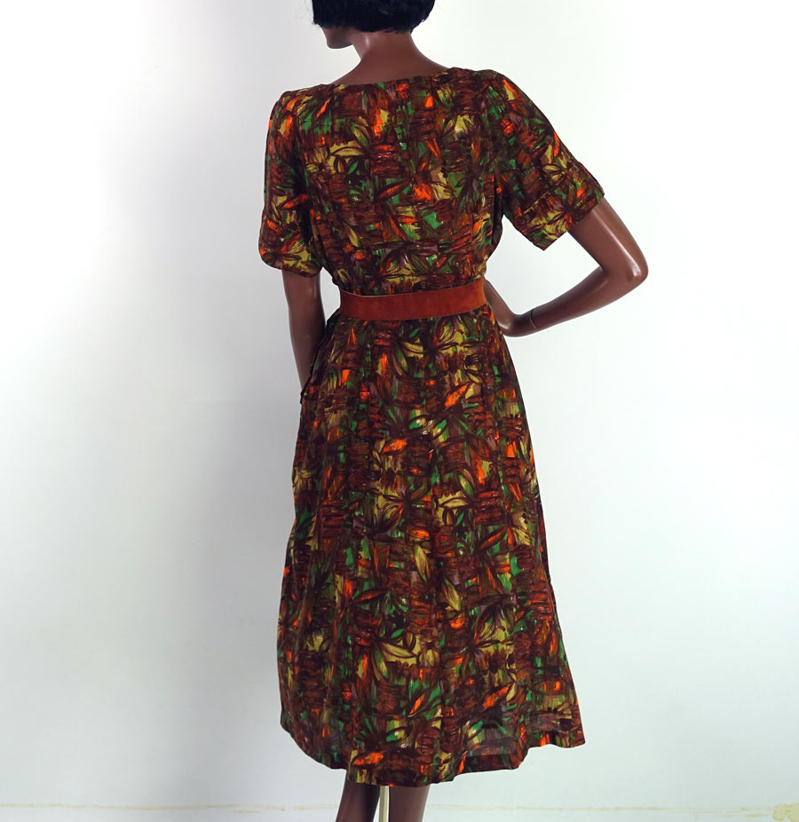 50s 60s Day Dress Swing Skirt Earth Colors Print Women's Vintage Large VFG