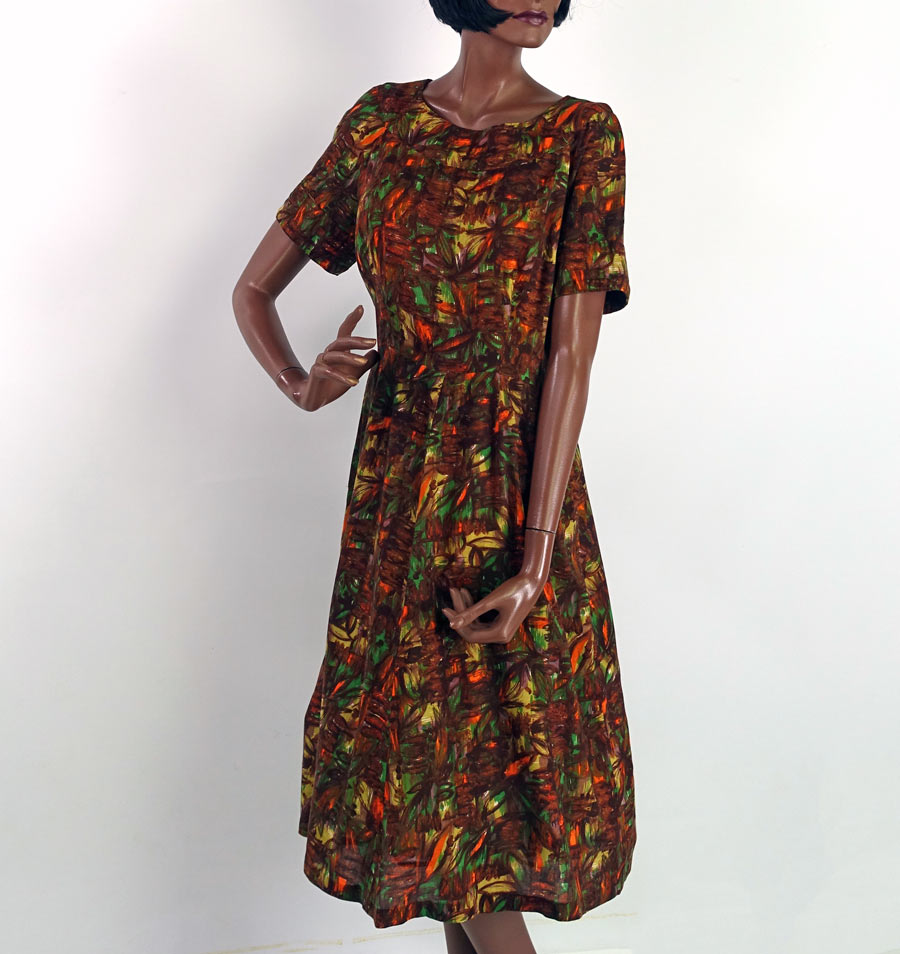 50s 60s Day Dress Swing Skirt Earth Colors Print Women's Vintage Large VFG